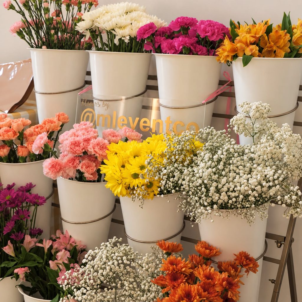 A flower bar with an event sign