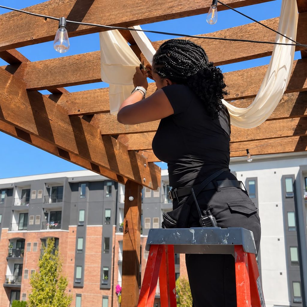 An event team member working on setup